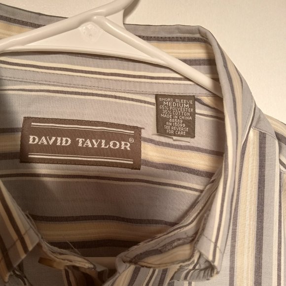 DAVID TAYLOR MENS MEDIUM SHORT SLEEVE DRESS SHIRT BLUE WITH BEIGE AND WHITE - Picture 4 of 4